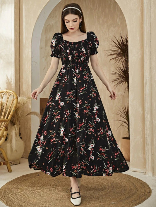 Floral Square Neck Shirred A-line Dress