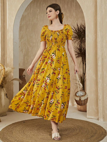 Floral Square Neck Shirred A-line Dress