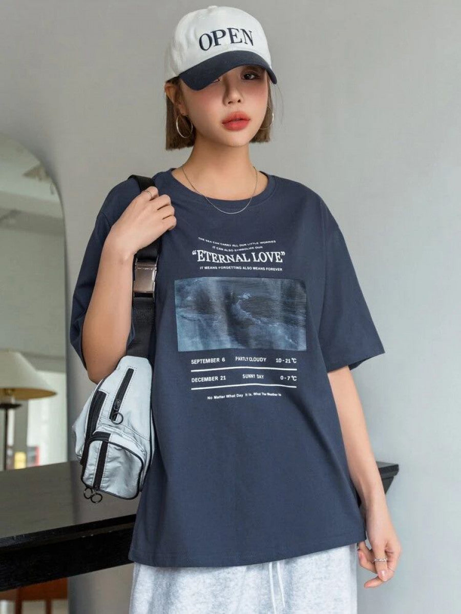 DAZY Slogan Graphic Drop Shoulder Tee