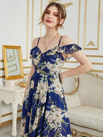 Cold Shoulder High Low Hem Allover Floral Dress