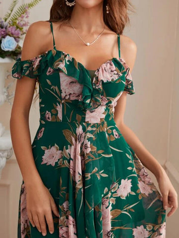 Cold Shoulder High Low Hem Allover Floral Dress