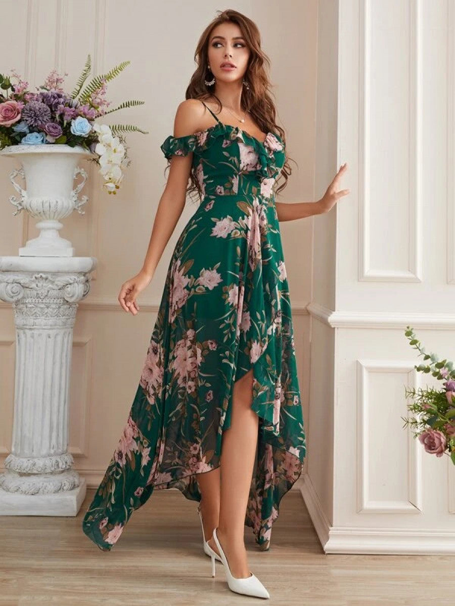 Cold Shoulder High Low Hem Allover Floral Dress