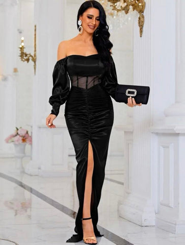 Missord Off Shoulder Contrast Mesh Split Thigh Satin Dress