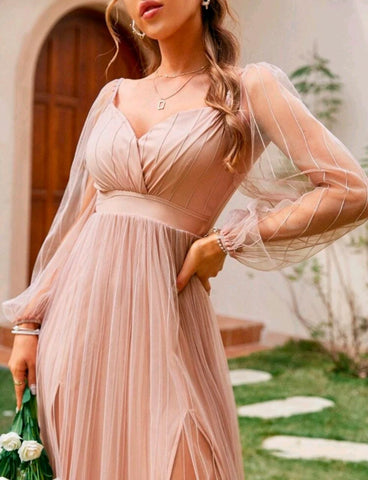 Simple Lantern Sleeve Sweetheart Neck Slit Hem Mesh Dress