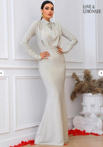 LOVE&LEMONADE Draped Front Mock Neck Glitter Dress