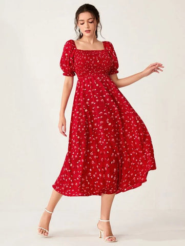 Ditsy Floral Print Shirred Puff Sleeve Dress