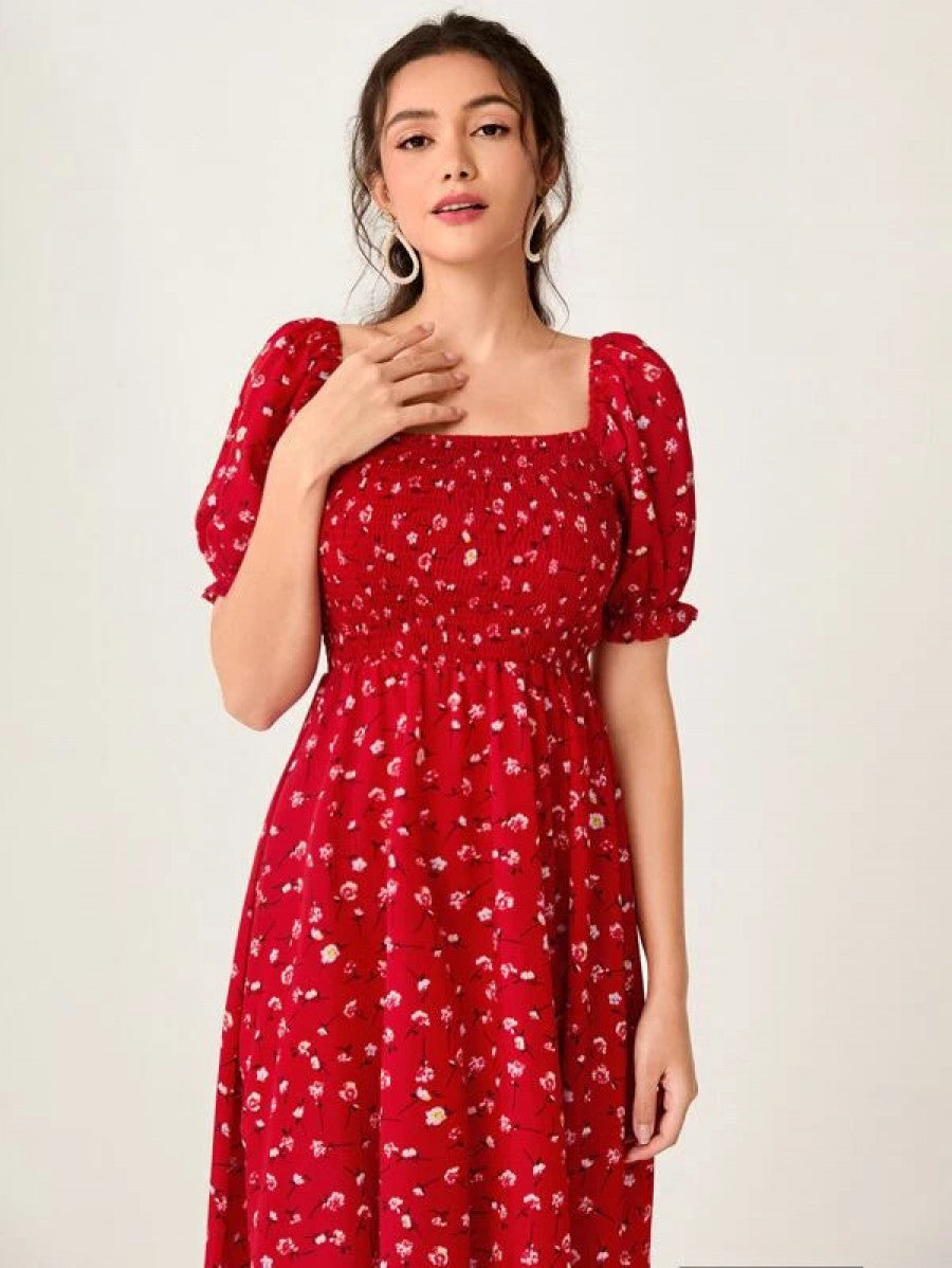 Ditsy Floral Print Shirred Puff Sleeve Dress