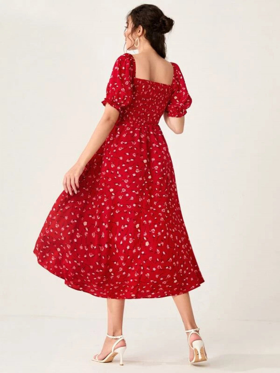 Ditsy Floral Print Shirred Puff Sleeve Dress