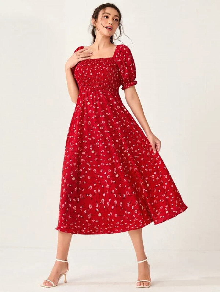 Ditsy Floral Print Shirred Puff Sleeve Dress