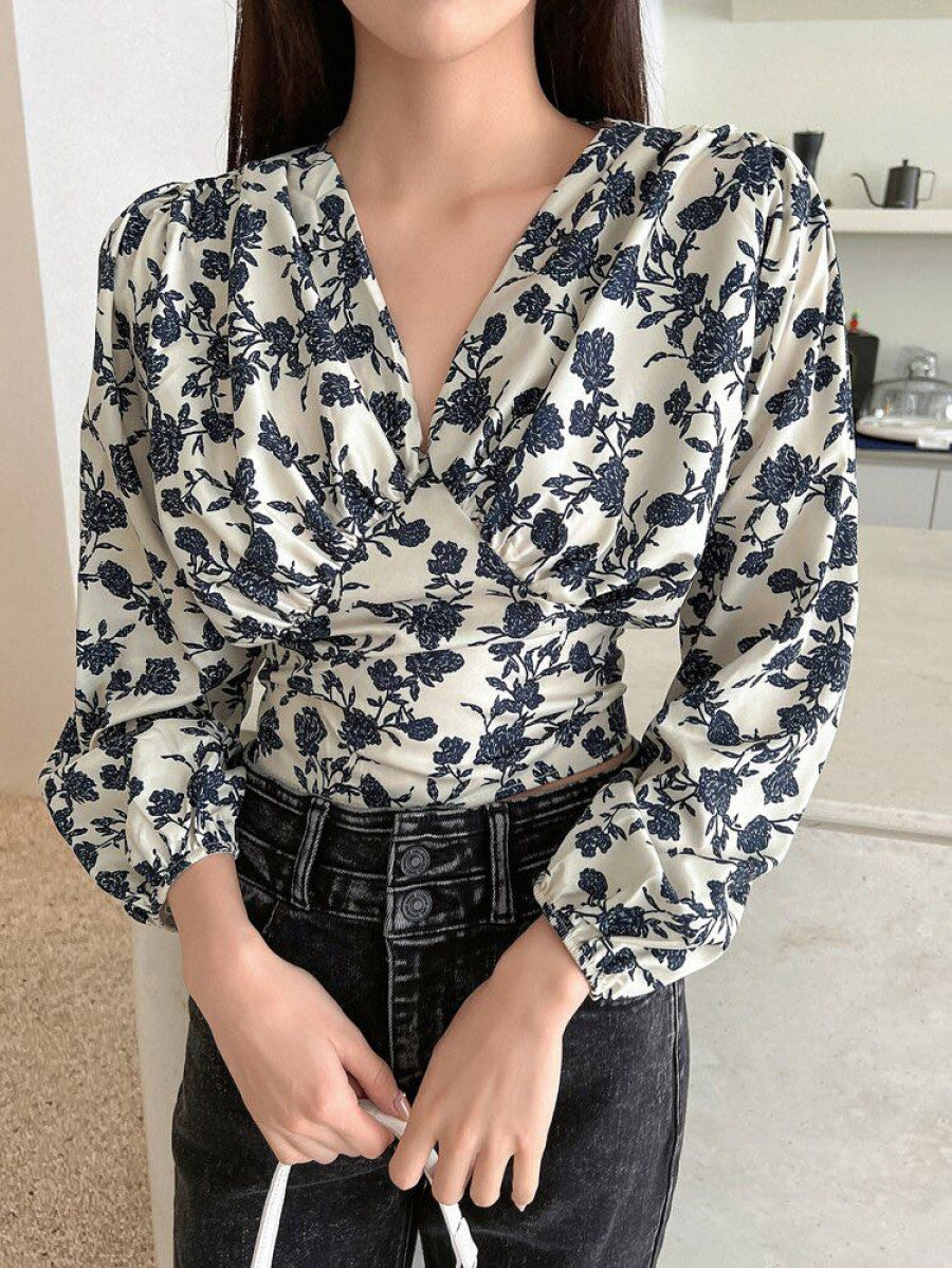 DAZY Floral Print Lantern Sleeve Blouse