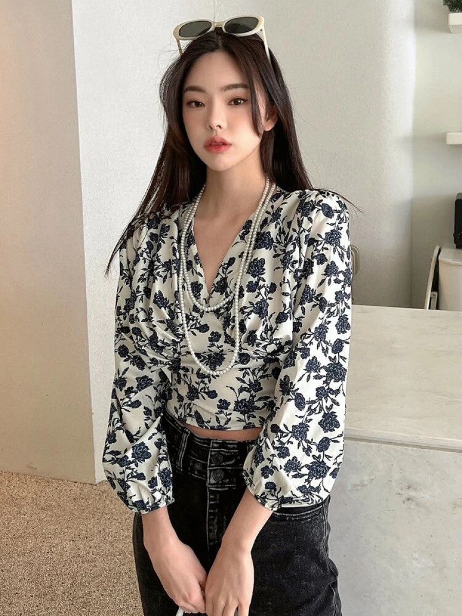 DAZY Floral Print Lantern Sleeve Blouse