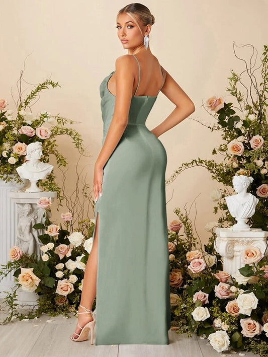 Draped Split Thigh Satin Bridesmaid Dress