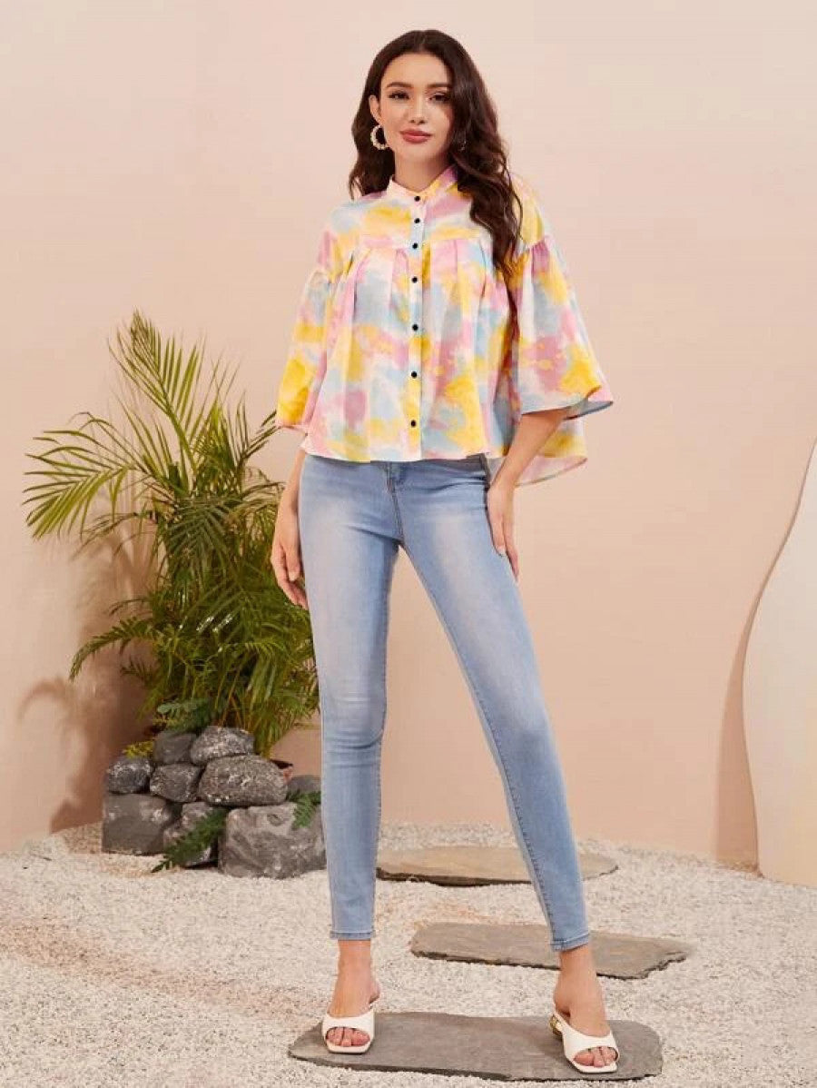 Tie Dye Plicated Detail Trumpet Sleeve High Low Hem Blouse