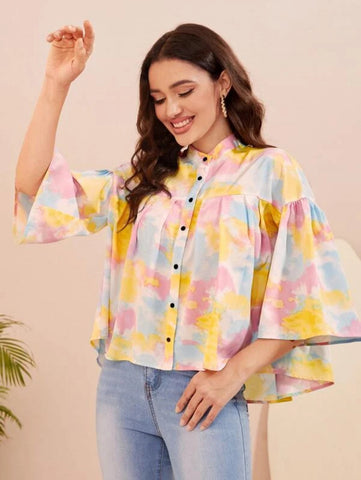 Tie Dye Plicated Detail Trumpet Sleeve High Low Hem Blouse