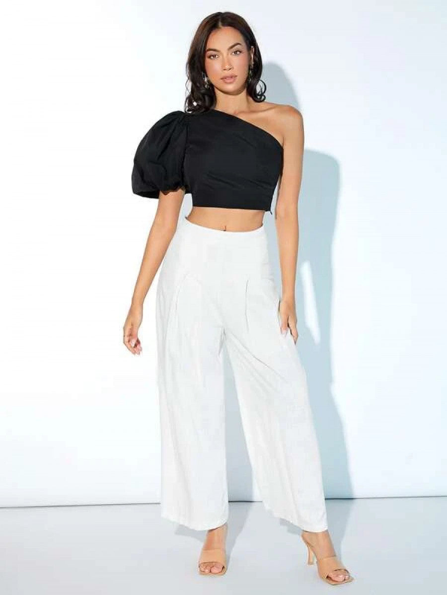 One Shoulder Puff Sleeve Crop Blouse