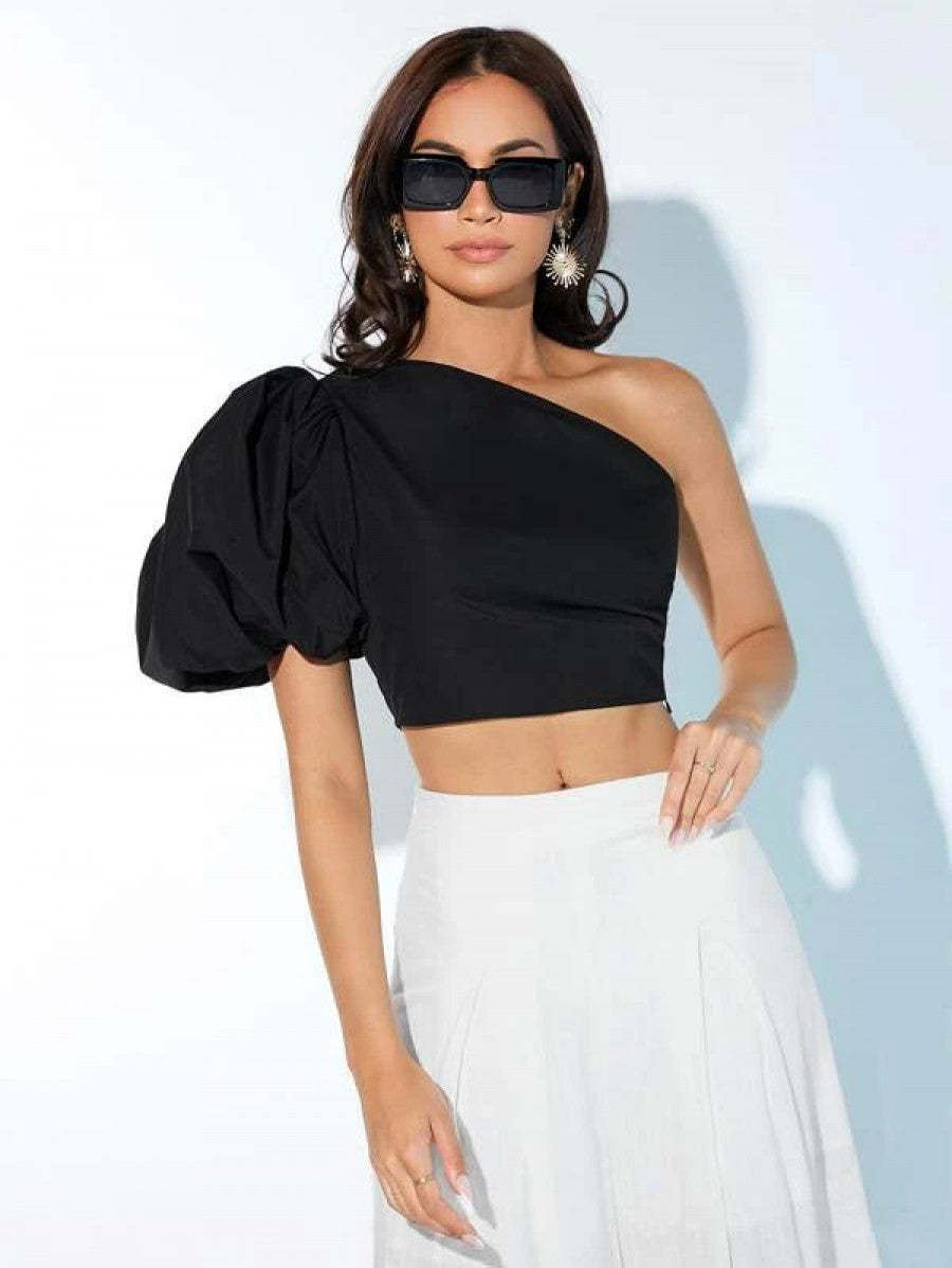 One Shoulder Puff Sleeve Crop Blouse