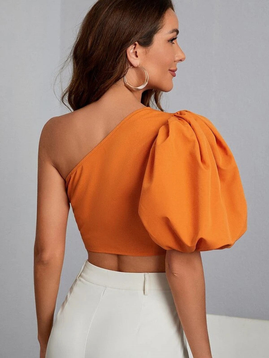 One Shoulder Puff Sleeve Crop Blouse