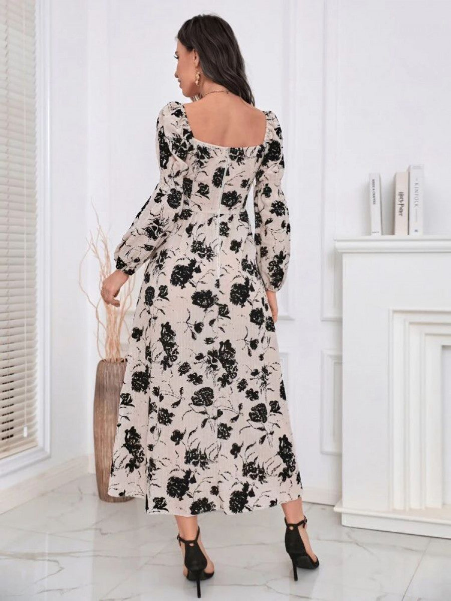 Floral Print Lantern Sleeve Square Neck Dress