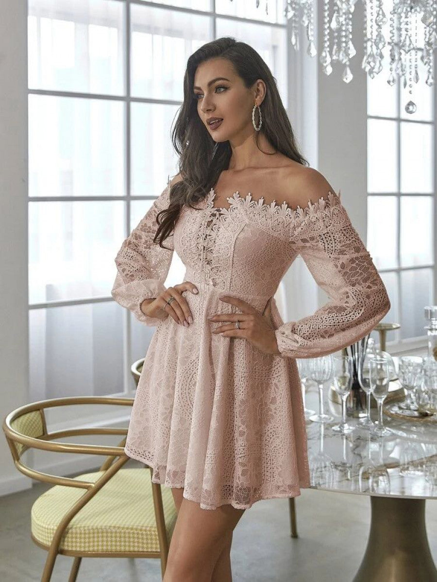 Double Crazy Off Shoulder Lace Up Front Lantern Sleeve Lace Dress