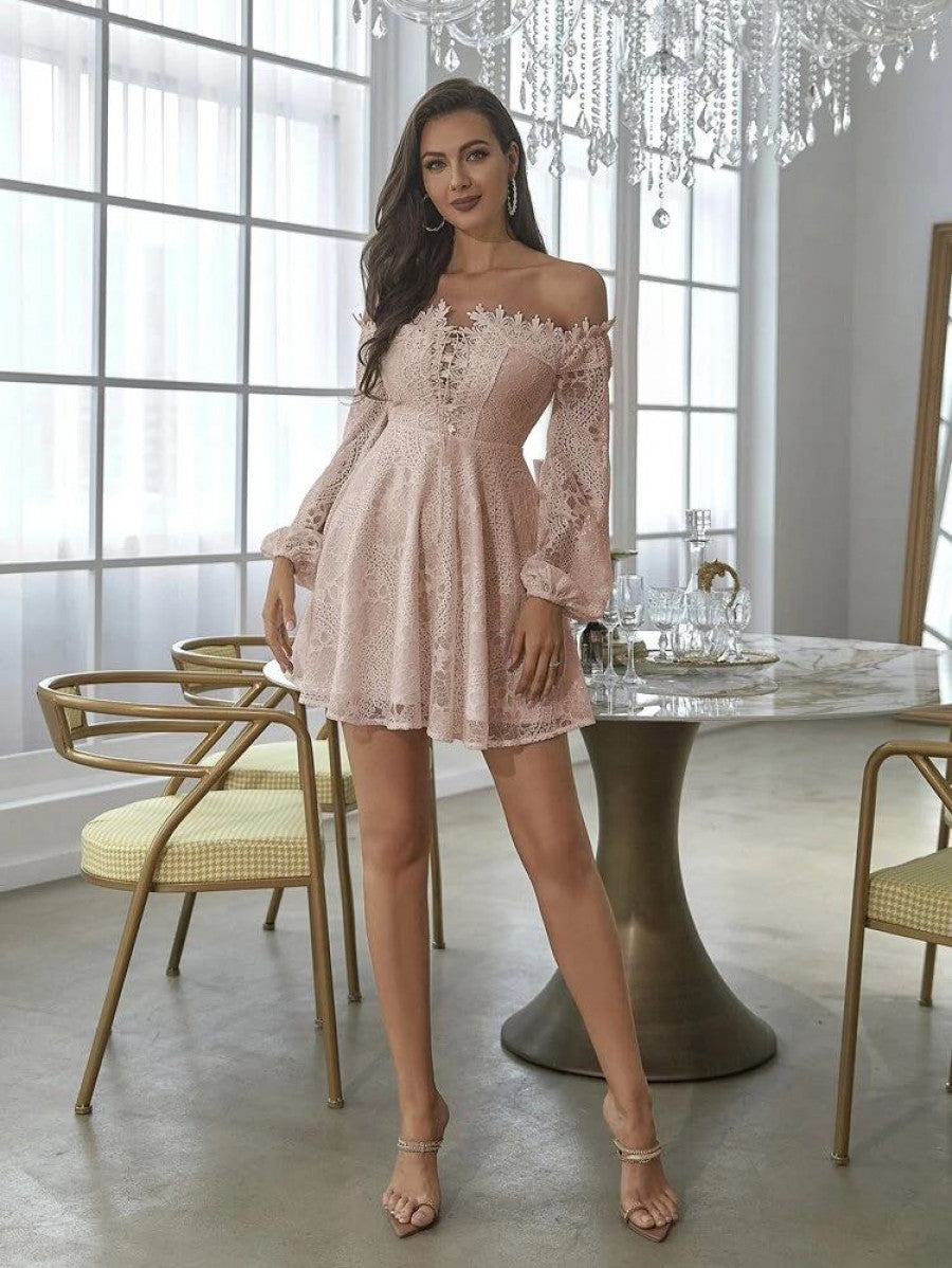 Double Crazy Off Shoulder Lace Up Front Lantern Sleeve Lace Dress