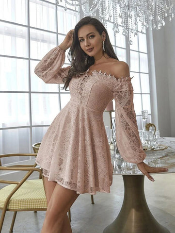 Double Crazy Off Shoulder Lace Up Front Lantern Sleeve Lace Dress