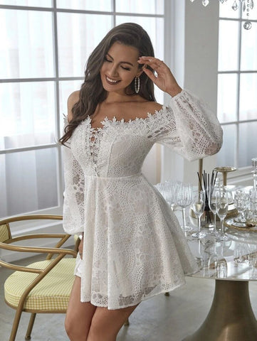 Double Crazy Off Shoulder Lace Up Front Lantern Sleeve Lace Dress