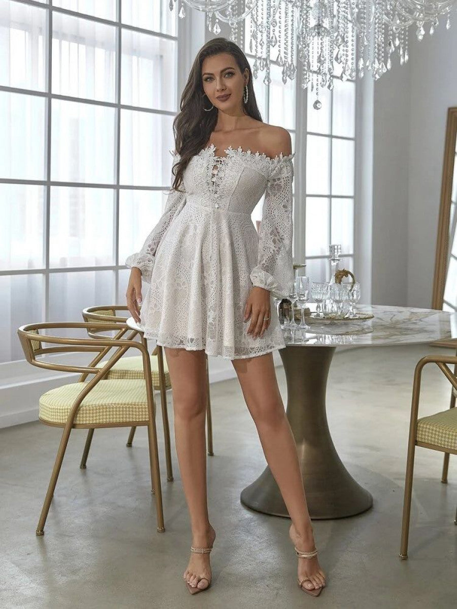 Double Crazy Off Shoulder Lace Up Front Lantern Sleeve Lace Dress