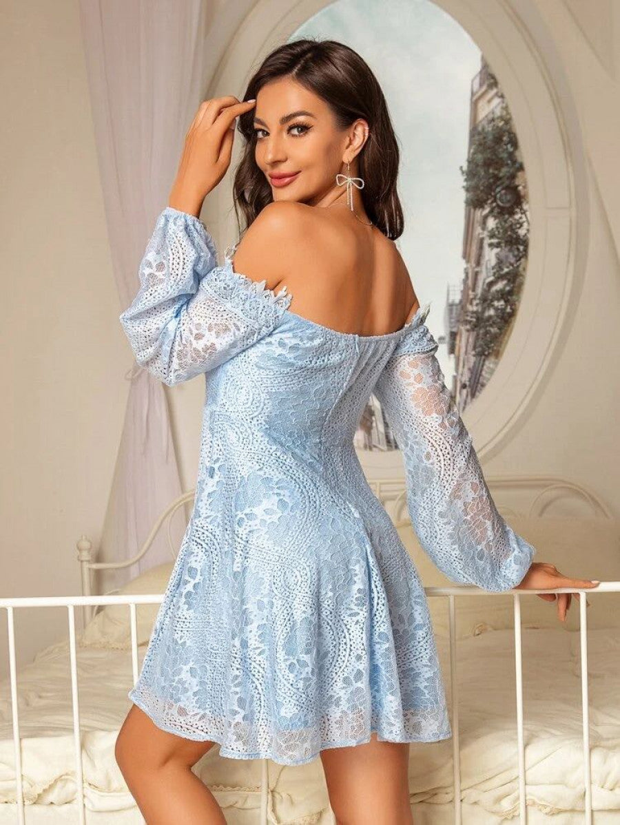 Double Crazy Off Shoulder Lace Up Front Lantern Sleeve Lace Dress