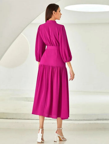 X BEEBA Press Crease Lantern Sleeve Ruffle Hem Belted Dress