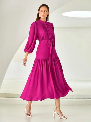 X BEEBA Press Crease Lantern Sleeve Ruffle Hem Belted Dress