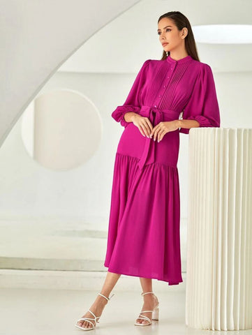 X BEEBA Press Crease Lantern Sleeve Ruffle Hem Belted Dress