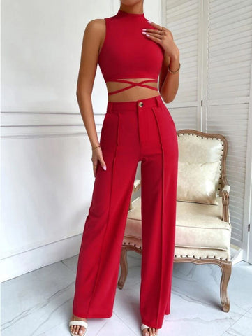 Criss Cross Mock Neck Top & Seam Front Pants