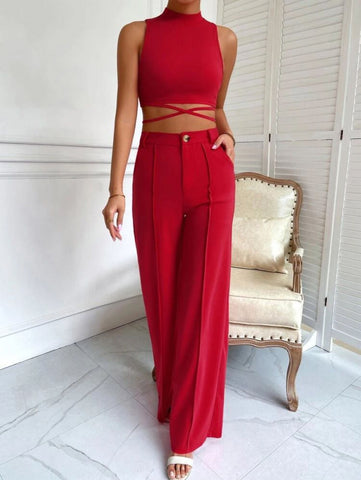 Criss Cross Mock Neck Top & Seam Front Pants