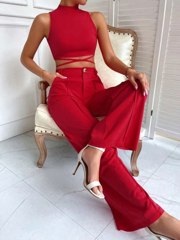 Criss Cross Mock Neck Top & Seam Front Pants