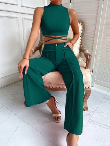 Criss Cross Mock Neck Top & Seam Front Pants