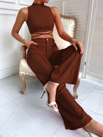 Criss Cross Mock Neck Top & Seam Front Pants