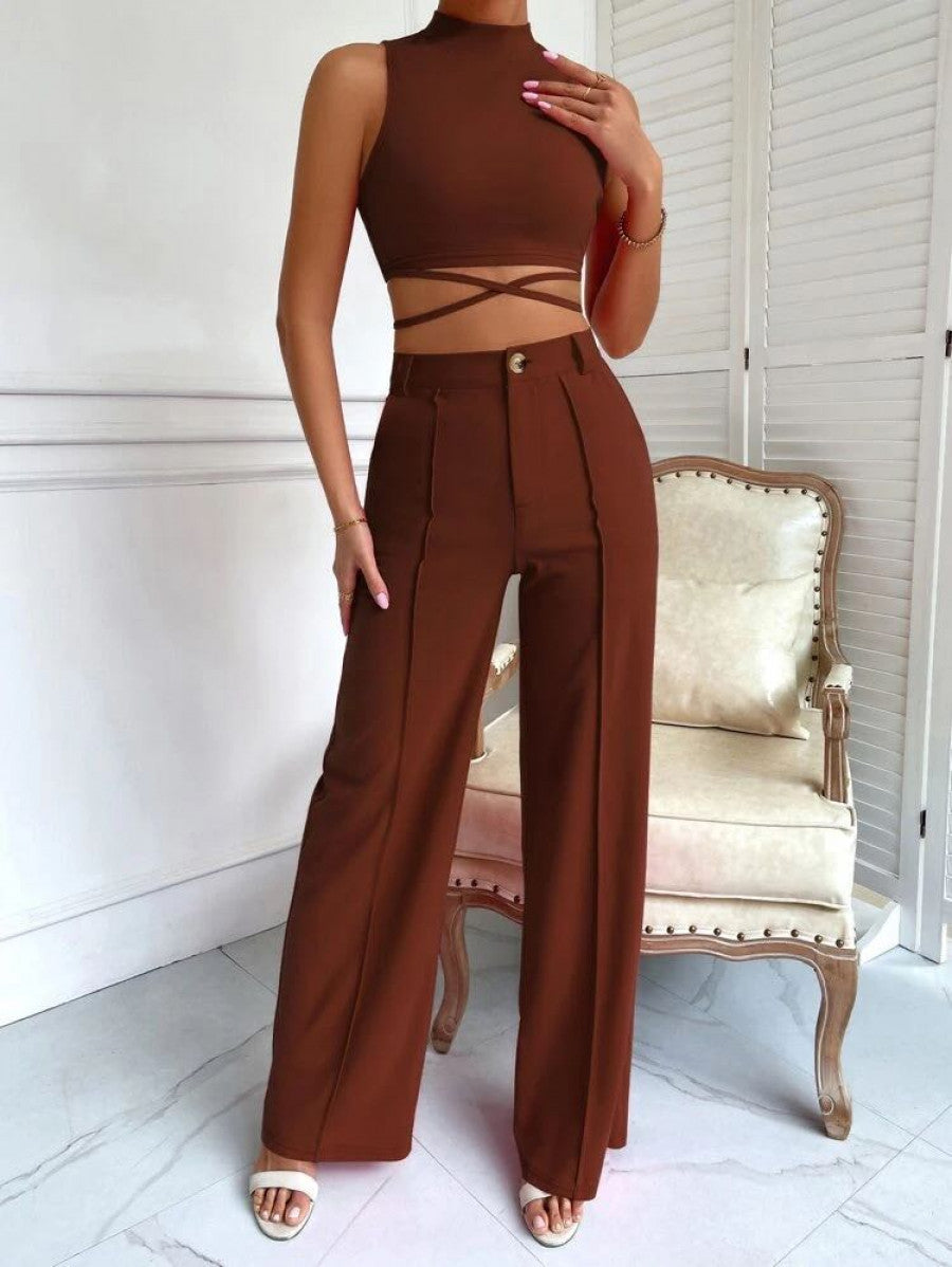 Criss Cross Mock Neck Top & Seam Front Pants