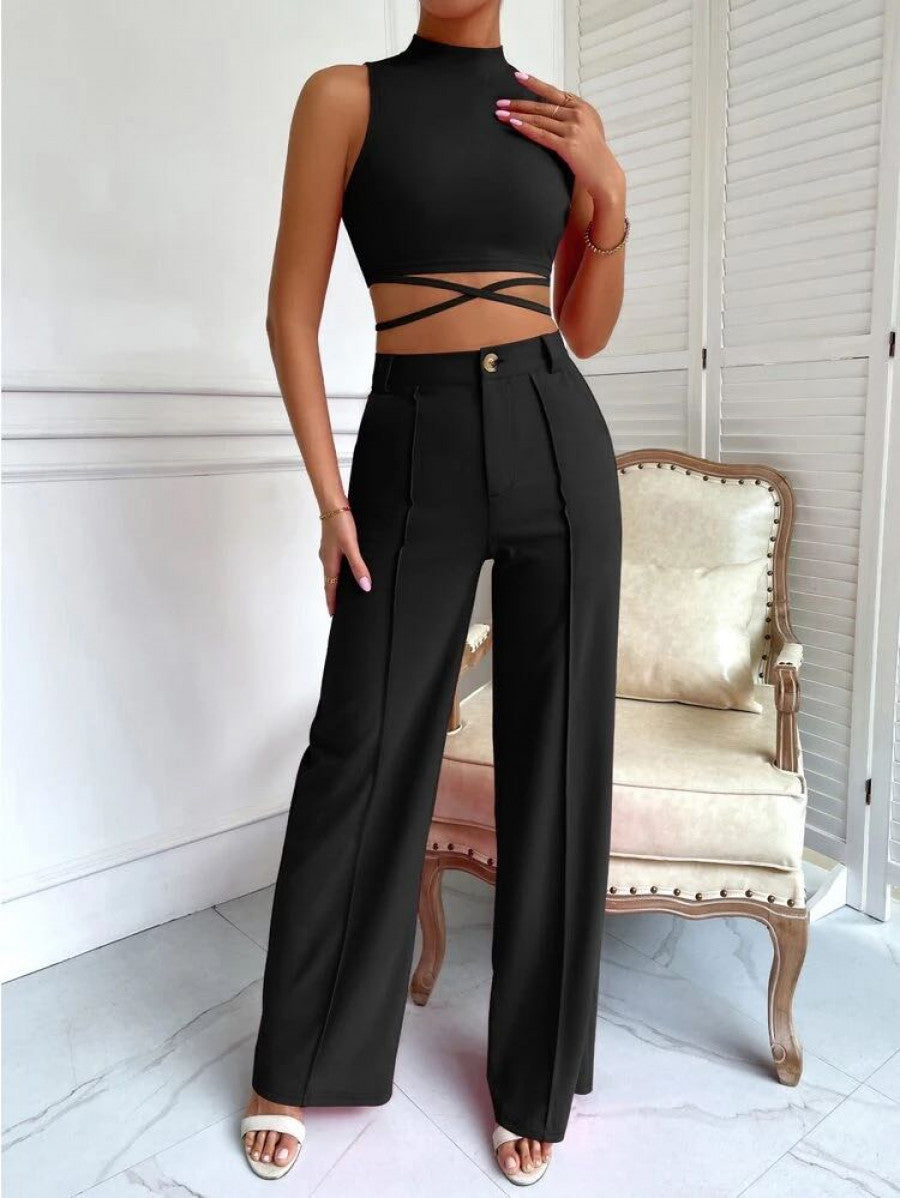 Criss Cross Mock Neck Top & Seam Front Pants