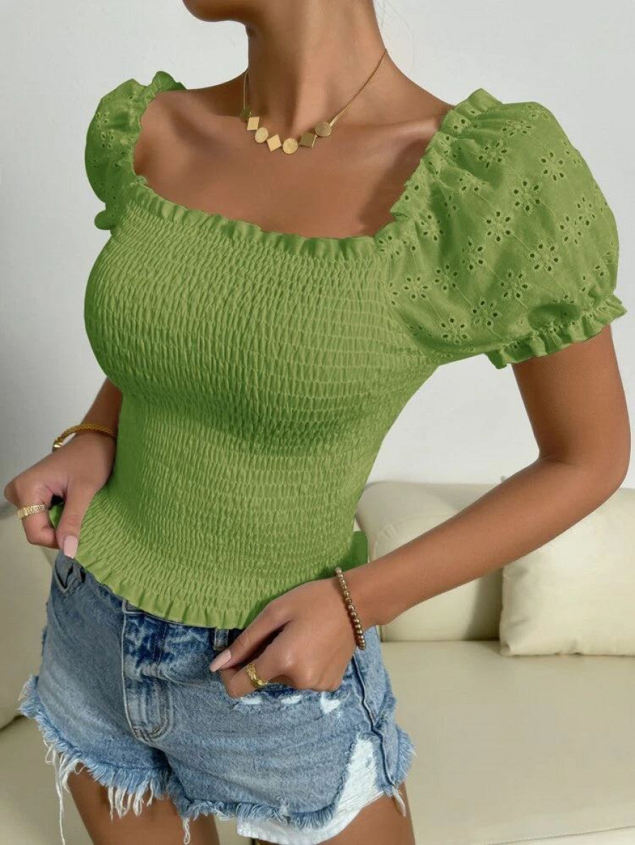 Eyelet Embroidery Puff Sleeve Shirred Top ⋆ Women's Store