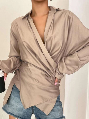 DAZY Asymmetrical Hem Batwing Sleeve Ruched Wrap Blouse