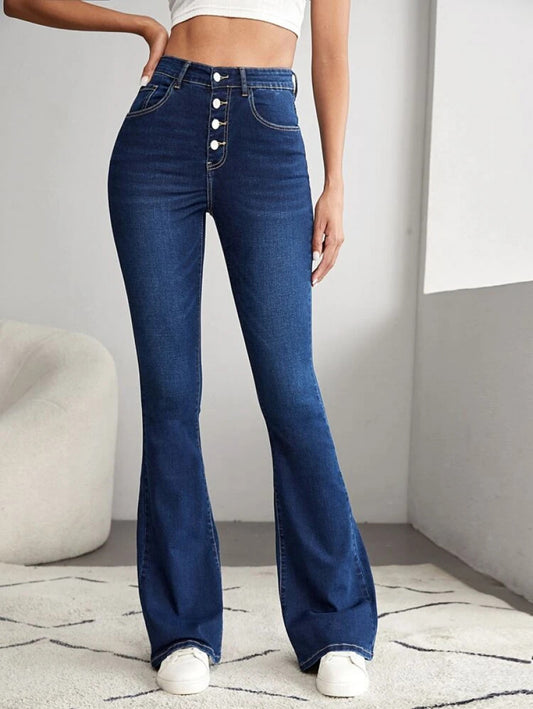 Tall High Waist Button Front Flare Leg Jeans