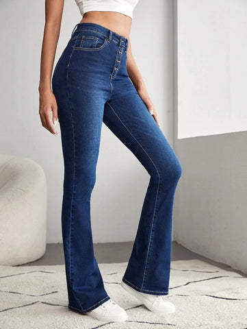 Tall High Waist Button Front Flare Leg Jeans