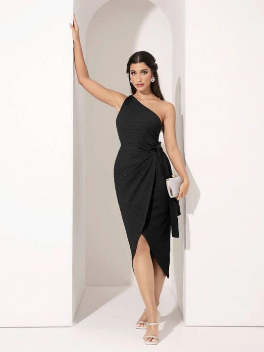 Modely One Shoulder Wrap Knot Side Dress