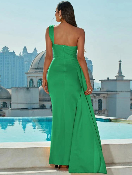 Missord One Shoulder Wrap Hem Satin Floor Length Dress