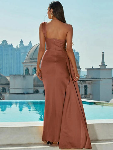 Missord One Shoulder Wrap Hem Satin Floor Length Dress