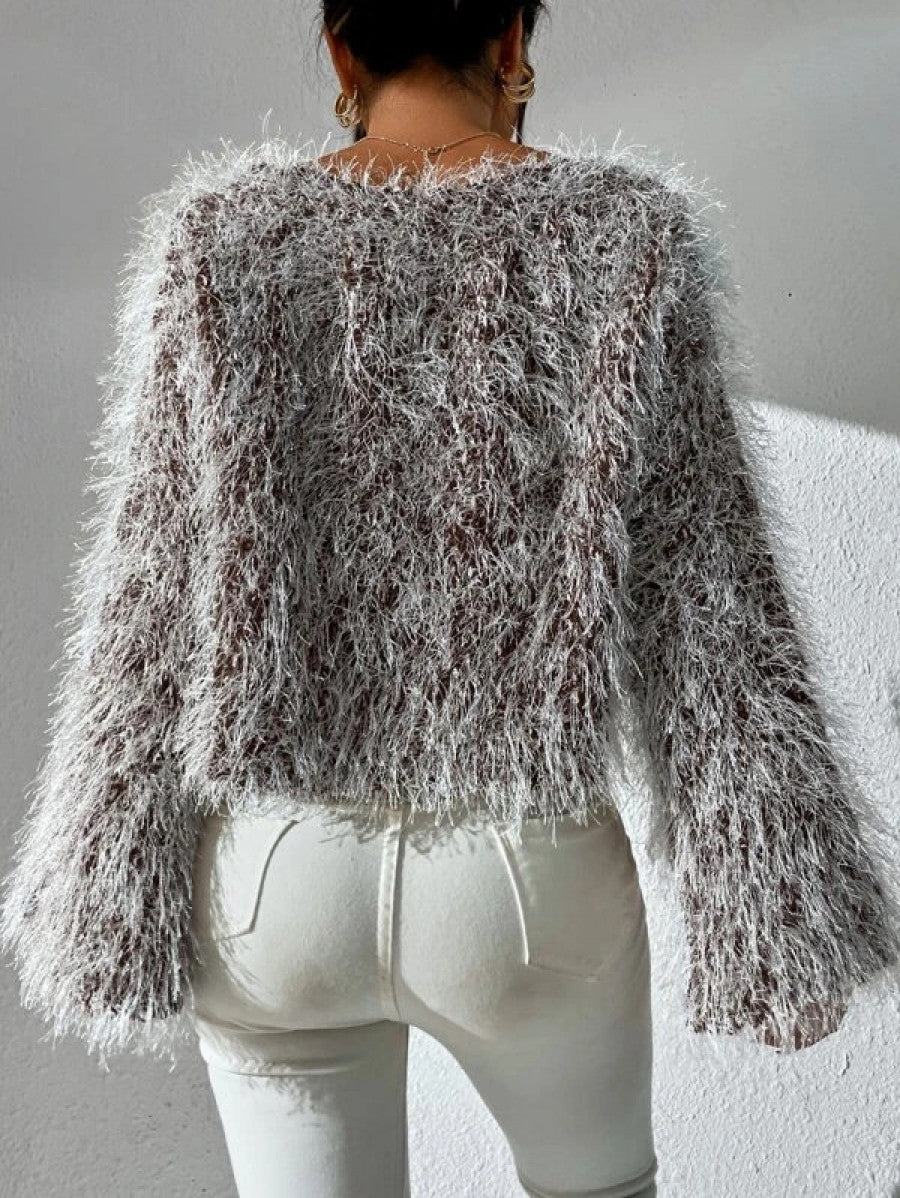 Off Shoulder Trumpet Sleeve Fluffy Knit Sweater