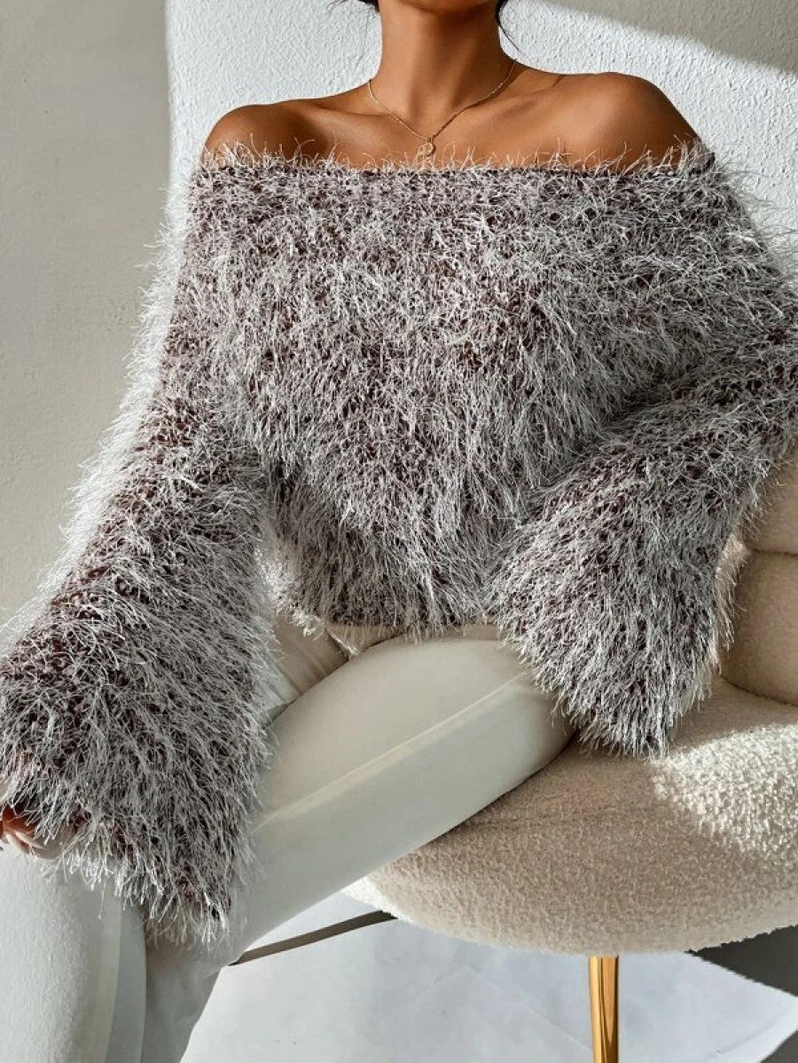 Off Shoulder Trumpet Sleeve Fluffy Knit Sweater