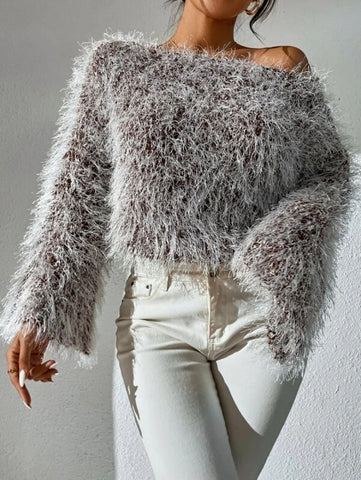 Off Shoulder Trumpet Sleeve Fluffy Knit Sweater