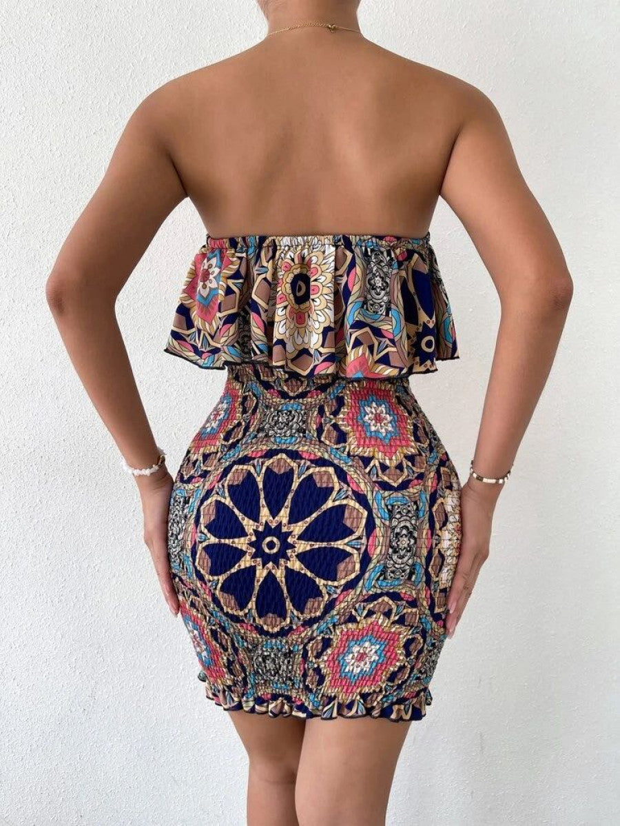 Mandala Print Ruffle Trim Shirred Bodycon Tube Dress