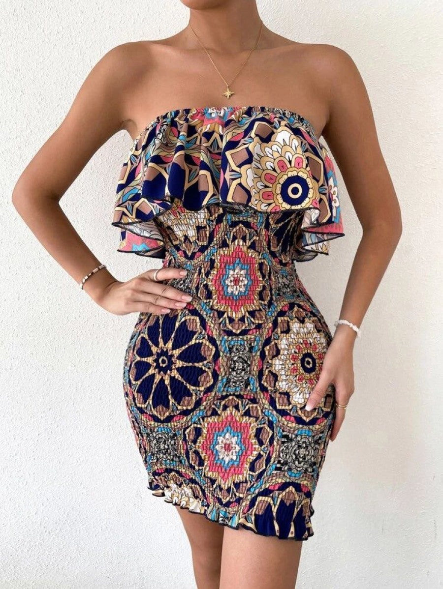 Mandala Print Ruffle Trim Shirred Bodycon Tube Dress